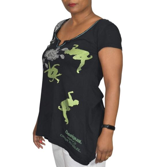 Desigual Cirque du Soleil Tee Black Foil Metallic Sharkbite T Shirt Size Small - Picture 3 of 15